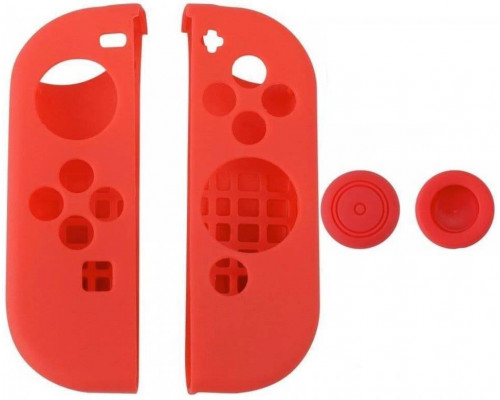 Для Nintendo Switch: Силиконовые чехлы GameWill + накладки на стики для 2-х контроллеров Joy-Con (красные)